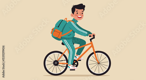 Young man riding an orange bicycle in a green tracksuit with a matching backpack