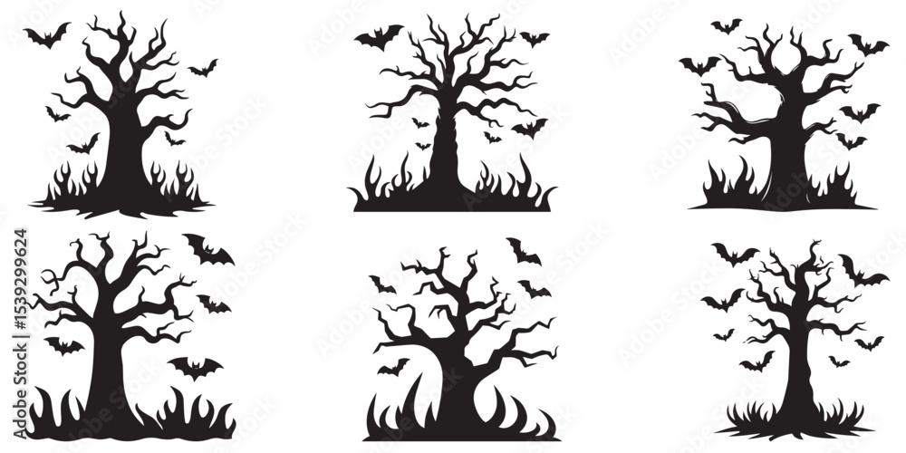 Halloween Tree and Creepy Forest Collection – Spooky Dead Trees, Trick or Treat Graphics, Photoshop Brushes, PNG Files, PSD Shapes for Holiday Party, Horror Design, and Allhalloween Artwork