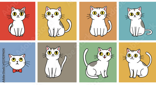 Eight cartoon white cats with yellow eyes in various poses on solid-colored backgrounds