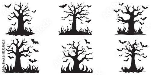 Halloween Tree and Creepy Forest Collection – Spooky Dead Trees, Trick or Treat Graphics, Photoshop Brushes, PNG Files, PSD Shapes for Holiday Party, Horror Design, and Allhalloween Artwork