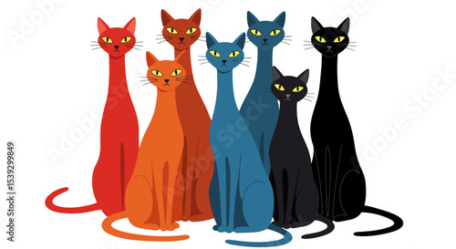 Six cats of different colors in a neat row on a light gray background