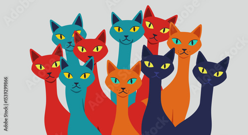 Seven cartoon cats in vibrant colors arranged closely together