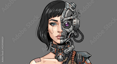 Illustration of a woman with half cybernetic face and mechanical collar