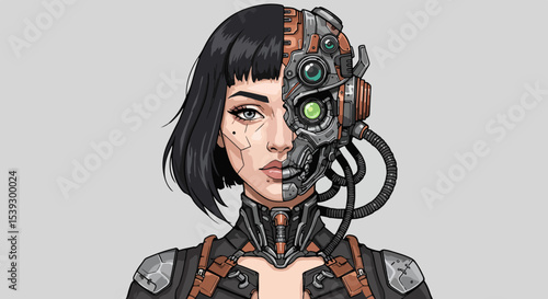 Female with cybernetic face and futuristic outfit