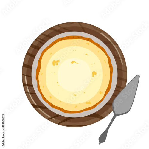 Cute style cake cheesecake, cream cheese, on wooden tray, top view, flat design, isolated on white. Vector illustration set of bakery shop, food menu, dessert, birthday cake, party, celebration.
