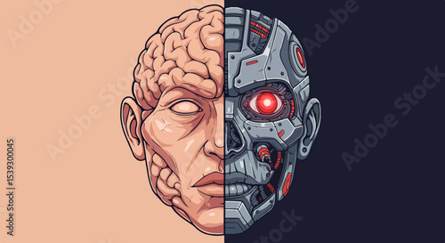 Illustration of a human brain and robotic head juxtaposed in a symmetrical arrangement