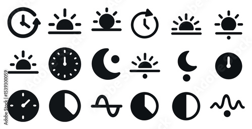 Time and clock solid icons set – filled, silhouette, timekeeping and schedule symbols