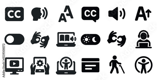 Accessibility tools solid icons set – silhouette, assistive, inclusive tech symbols