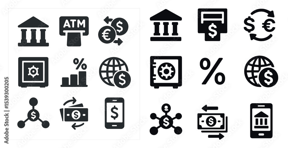 Finance and banking icons set – solid, filled, currency and money symbols Finance and banking icons set – solid, filled, currency and money symbols