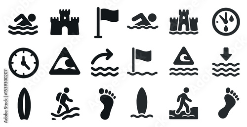 Beach and ocean silhouette icons set – coastal, wave, surf symbols
