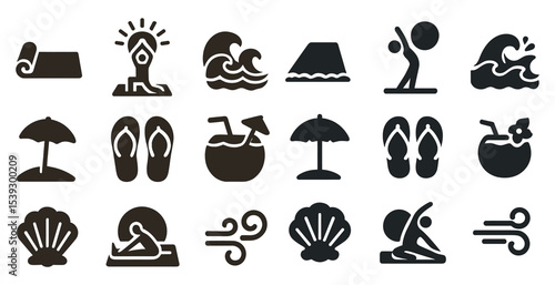 Beach and relaxation silhouette icons set – solid, filled, summer and leisure symbols