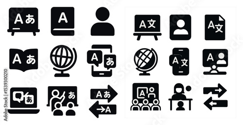 Language and translation solid icons set – flat, filled, linguistic and global symbols