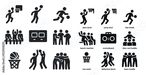 Basketball silhouette icons set – filled, solid, sports and game symbols