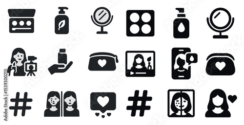 Beauty and makeup solid icons set – filled, cosmetic and personal care symbols