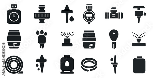 Irrigation and watering solid icons set – filled, garden, agriculture symbols