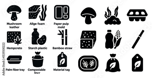 Sustainable packaging solid icons set – filled, eco, recyclable materials