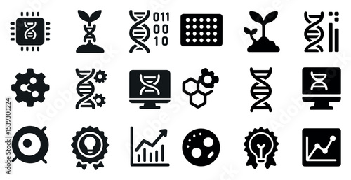 Biotechnology and dna solid icons set – research, lab, genetic symbols