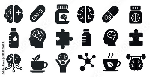 Brain health solid icons set – mind, wellness, cognitive enhancement symbols