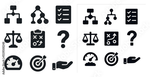 Business strategy solid icons set – filled, silhouette, planning and management symbols
