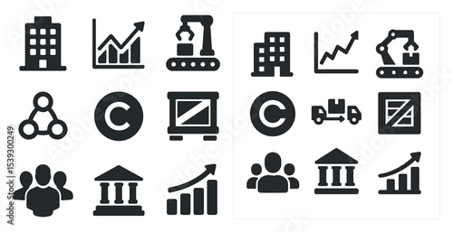 Business and technology solid icons set – filled, corporate, data and industry symbols