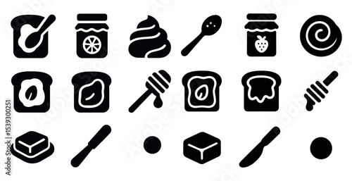 Jam and spread silhouette icons set – flat, filled, breakfast and condiment graphics