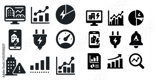 Business and finance solid icons set – filled, flat, analytics and growth symbols