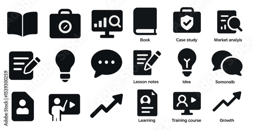 Education and business solid icons set – learning, case study, growth tools