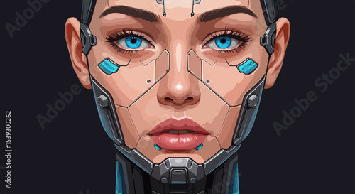 Portrait of a female cyborg with peach-toned skin and metallic gray and blue cybernetic enhancements