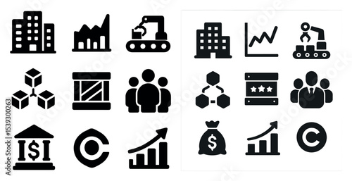 Business and finance solid icons set – filled, silhouette, economic symbols