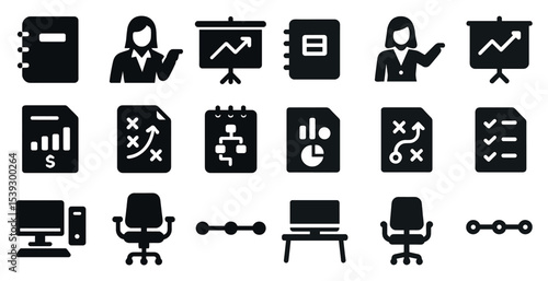 Business and office solid icons set – silhouette, filled, corporate and work symbols