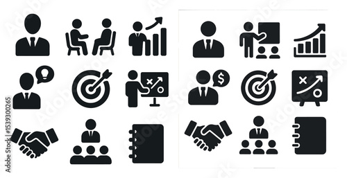Business and finance line icons set – solid, corporate, management symbols
