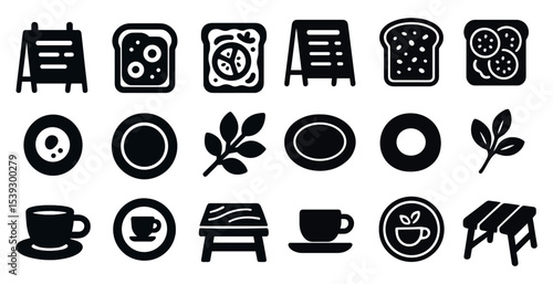 Cafe and breakfast icons set – solid, flat, dining and drink symbols