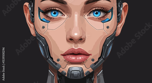 Close-up portrait of a female android with blue eyes and pink lips, featuring mechanical facial components