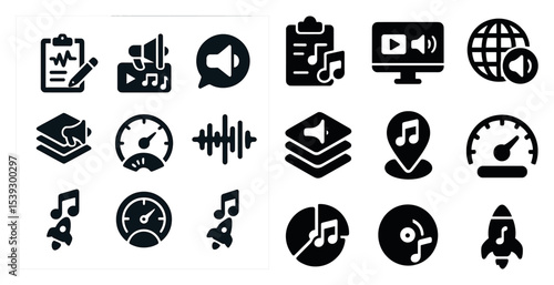 Music and sound solid icons set – filled, audio and media symbols for creatives