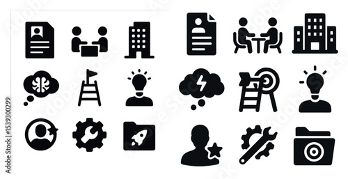 Business and workplace solid icons set – silhouette, filled, office symbols collection