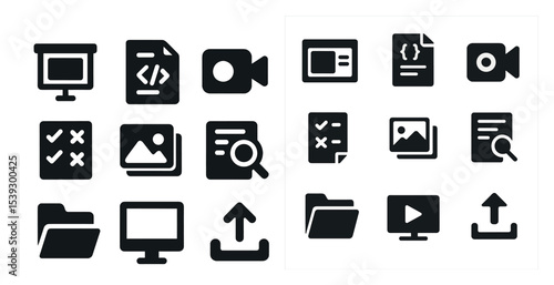 Web development solid icons set – filled, coding, digital media symbols