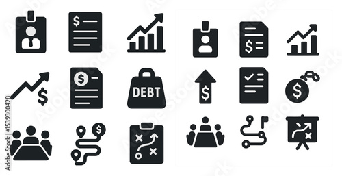 Business and finance solid icons set – filled, corporate, money management symbols