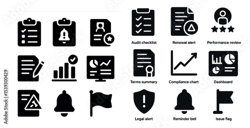 Audit and compliance solid icons set – filled, checklist, performance review graphics