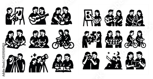 Family activities silhouette icons set – solid, filled, bonding and leisure symbols