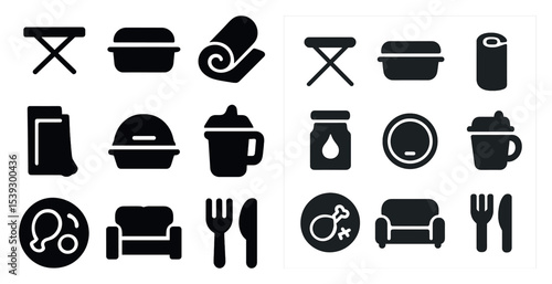 Household and kitchen solid icons set – filled, silhouette, everyday essentials