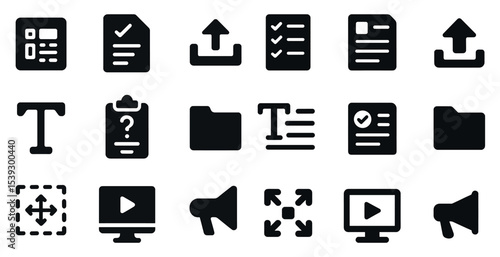 Document management icons set – solid, filled, file and organization symbols