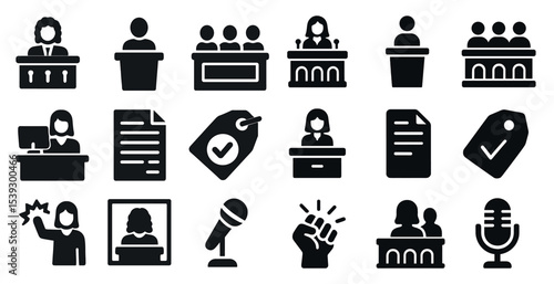 Business and conference solid icons set – filled, professional, meeting symbols