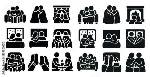 Family and relationship silhouette icons set – filled, solid, love and bonding symbols