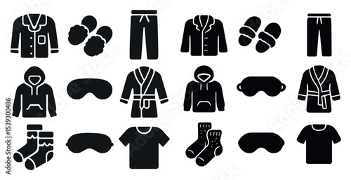 Sleepwear and accessories solid icons set – pajamas, nightwear, rest symbols
