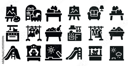 Childhood activities silhouette icons set – play, learning, fun elements