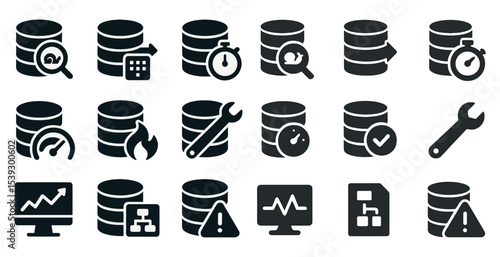 Database and storage solid icons set – filled, server and data management symbols