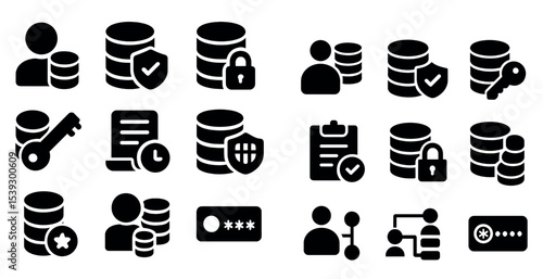 Data security and privacy solid icons set – digital, protection, secure access symbols