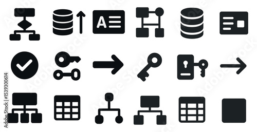 Database management solid icons set – flat, filled, data and server symbols