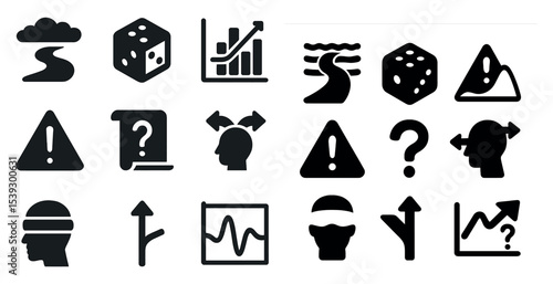 Navigation and strategy icons set – solid, silhouette, map and planning symbols