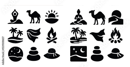 Yoga and meditation solid icons set – silhouette, calmness, relaxation symbols